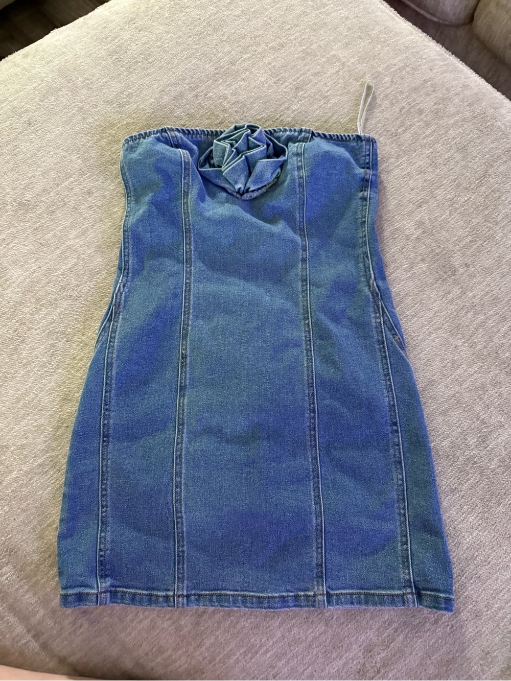 Forever 21 Blue Denim Strapless Midi Dress with Rosette